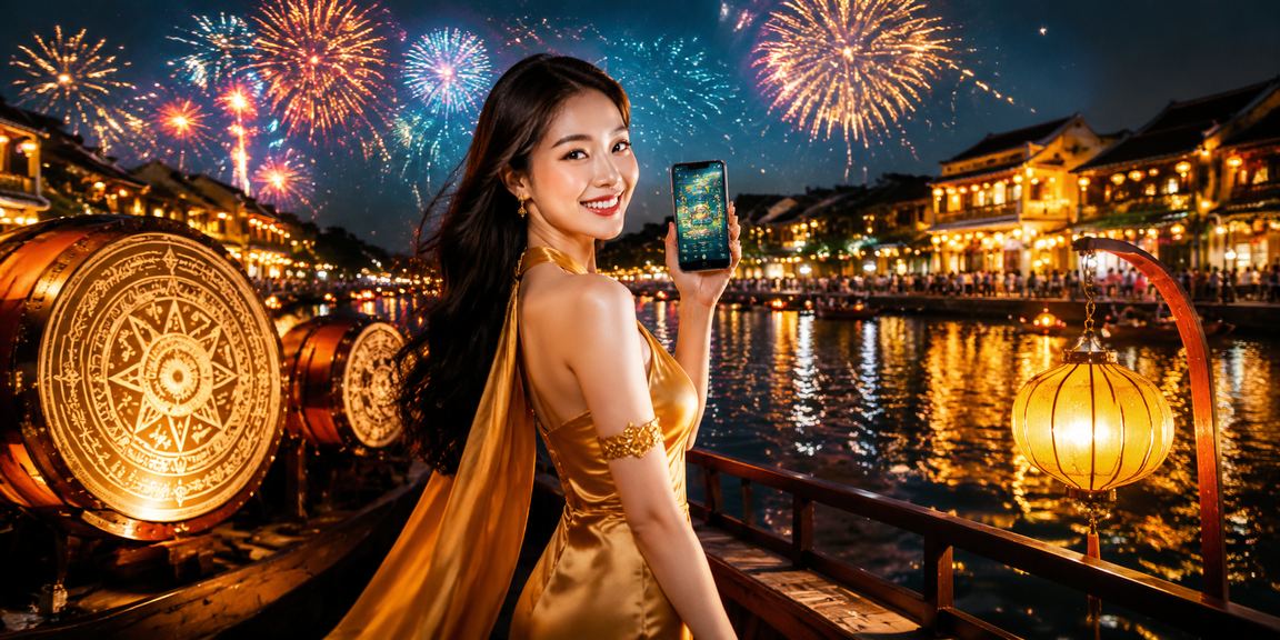 Người dùng xem sự kiện thể thao trên điện thoại dưới ánh đèn lồng Hội An